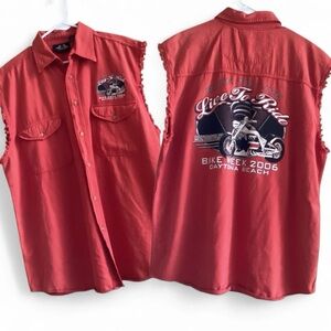 2006  Daytona Beach Bike Week Sleeveless Biker Shirt Size M Orange Denim Cutoff